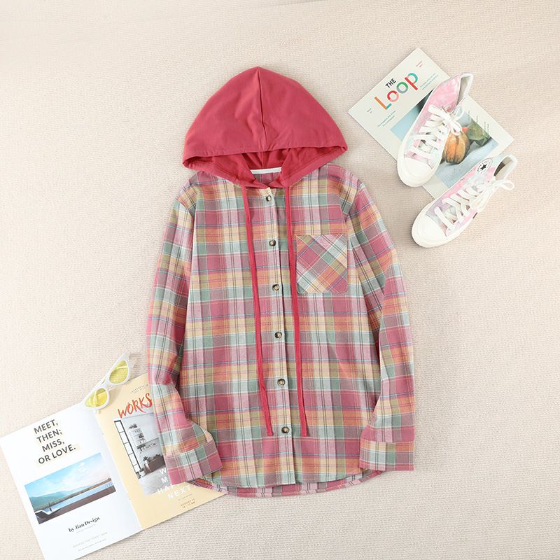 Oversizd Fit Button Up Hoodies Casual Multi Colored Hooded Flannel Shirt