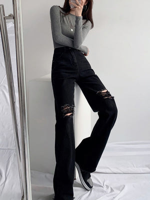 Washed Straight Slim Fit High Waist Ripped Wide Leg Denim Jeans