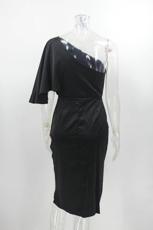 Slimming Cinched One Shoulder DrapedSatin Midi Dress