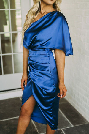 Slimming Cinched One Shoulder DrapedSatin Midi Dress
