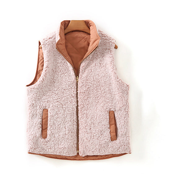 Reversible Cotton Faux Fur Lined Sherpa Shearling Vest With Pockets