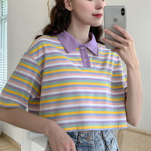 Color Block Rainbow Striped Polo Neck Crop Top T Shirt