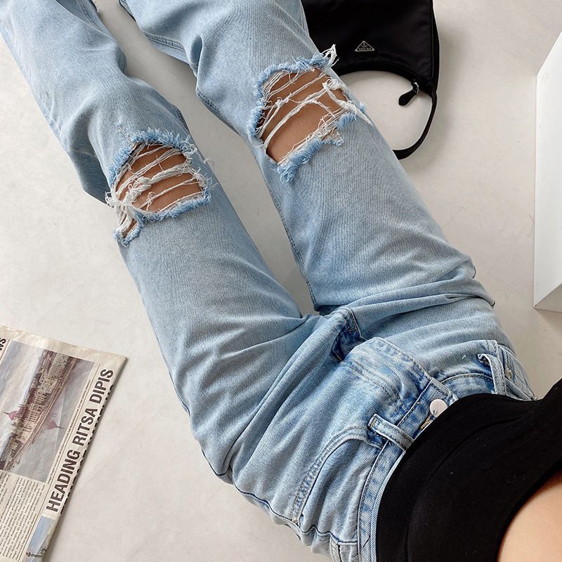 Washed Straight Slim Fit High Waist Ripped Wide Leg Denim Jeans