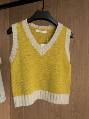 Color Block Ribbed Trimmed Check Knit Vest Cropped Sleeveless Tank Jumper