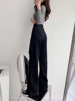 Washed Straight Slim Fit High Waist Ripped Wide Leg Denim Jeans