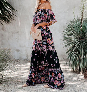Botanical Hibiscus Peony Floral Flowy Top Off The Shoulder Maxi Dress