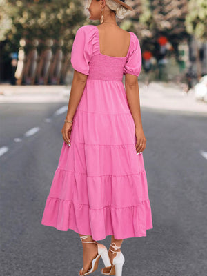 Short Casual Puff Sleeve A Line Smocked Mini Dress
