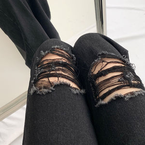 Washed Straight Slim Fit High Waist Ripped Wide Leg Denim Jeans