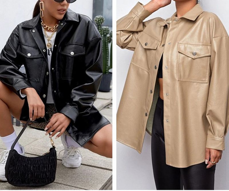 Black Faux Leather Shirt Jacket With Snap Pockets