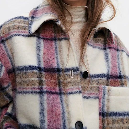 Checked Collared Overshirt Patch Pocket Wool Blend Tweed Jacket