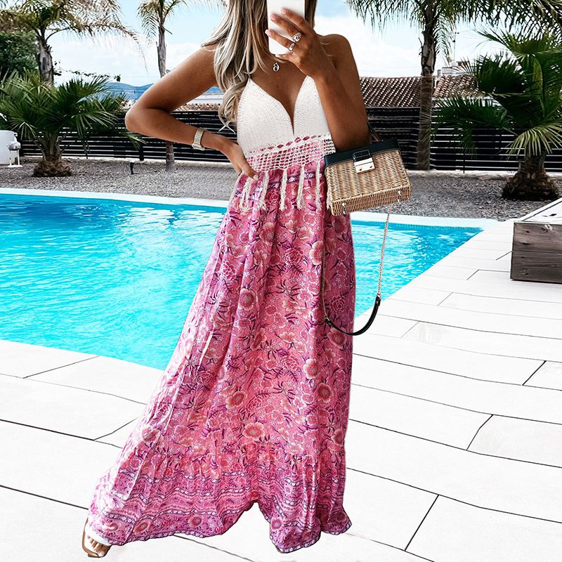 Hawaiian Boho Crochet Halter Tassel Floral Maxi Beach Flare Hem Dress