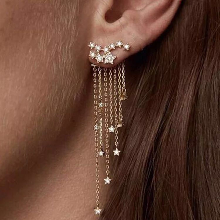 Gold and Rhinestone Stars Chandelier Tassel Pendant Earrings