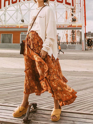 90s Fashion Retro Elastic Waist Paisley Ruffle Midi Skirt