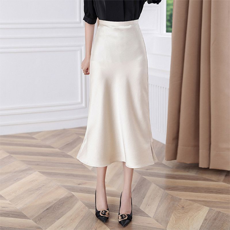 High Waisted Trumpet Hem Flare High Rise Satin Midi Skirt For