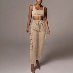 Sporty Crop Top and Pocket Detail Jogger Tracksuit Pant Set