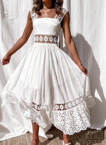 Broderie Anglaise Contrast Lace Dress With Patchwork Frilly Thick Strap