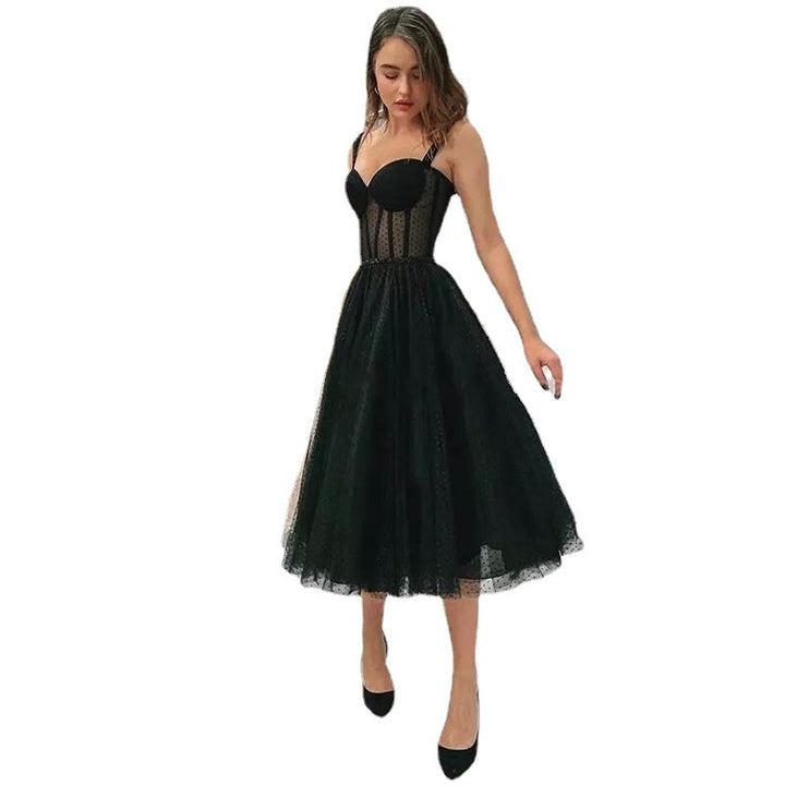 Retro Polka Dots Black Corset Bone Mesh Overlay Tulle Midi Dress sunifty Retro Polka Dots Black Corset Bone Mesh Overlay Tulle Midi Dress sunifty