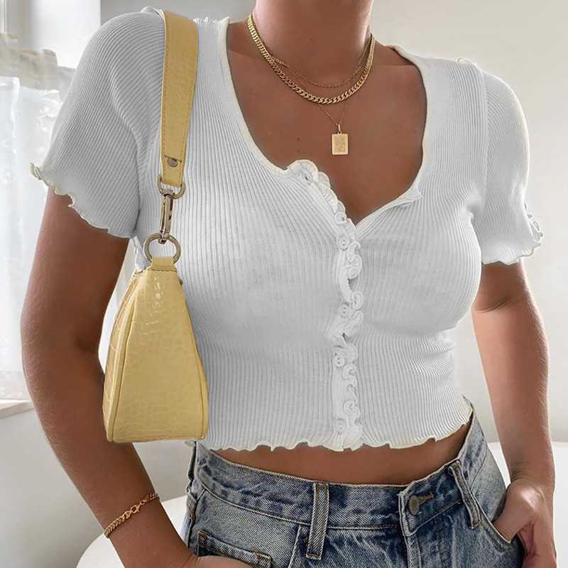 Classic Ribbed Scalloped Ruffle Sleeve Button Down Summer Ts Top