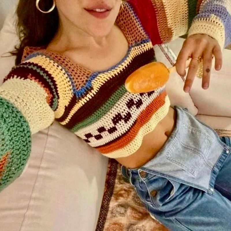 Rainbow Color Block Crochet Knitted Crop Long Sleeve Hollow Out Knit Blouse