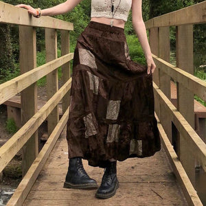 Retro Patchwork Grunge Steampunk Emo Flare Midi Skirt