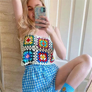 Bohemian Rainbow Crochet Flower Crop Top Rhombus Knitted Pattern Tank