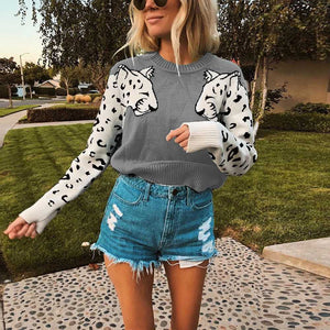 Contrast White Leopard Knit Crewneck Jumper Sweater Ribbed
