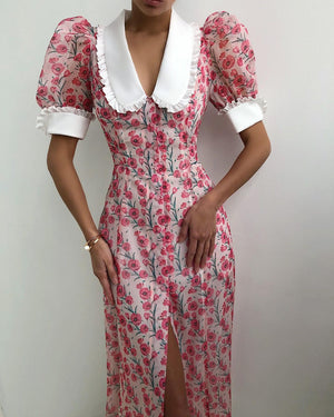 Lolita Retro Doll Collar Buttoned Floral Midi Dress Puff Sleeve