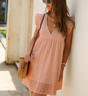 Casual Cotton Ruffle Strap Smocked Eyelet Mini Dress