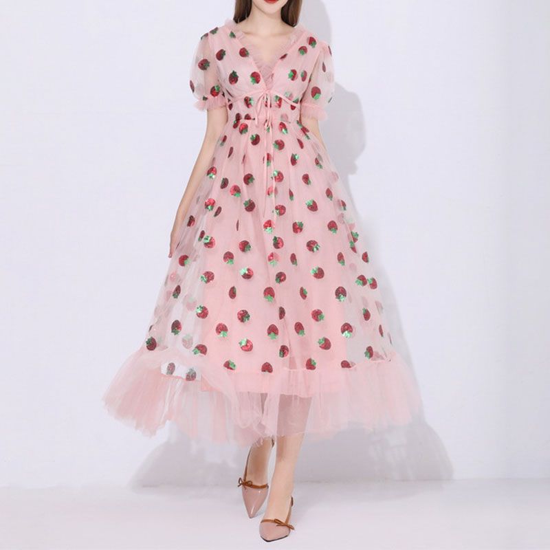 Sparkly Sequin Strawberry Midi Dress Ruffle Mesh Tulle Ball Gown