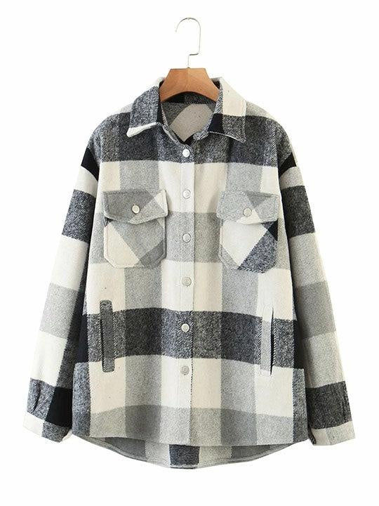 Classic Thick Colorblock Checked Button Down Shirt Jacket Woolen