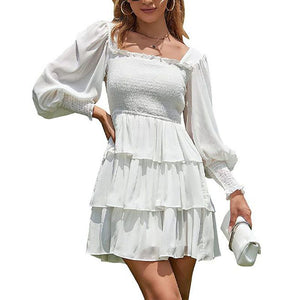 Square Neck Shirring Tiered Frill Layered Mini Dress Puff Sleeves