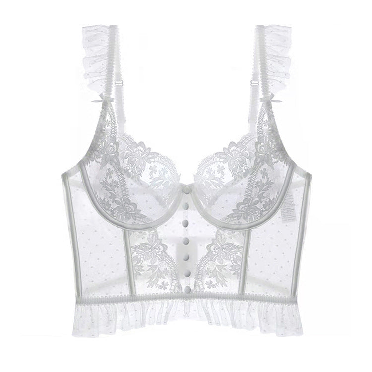 French Sweet Pearls Ruffle Edge See Through Embroidery Lace Corset Camisole Top