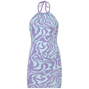 Water Marble Swirl Knit Halter High Neck Short Dress Open Back