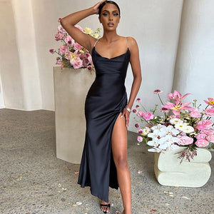 Cute Solid Color Cowl Neck Slip Long Satin Dress Low Back