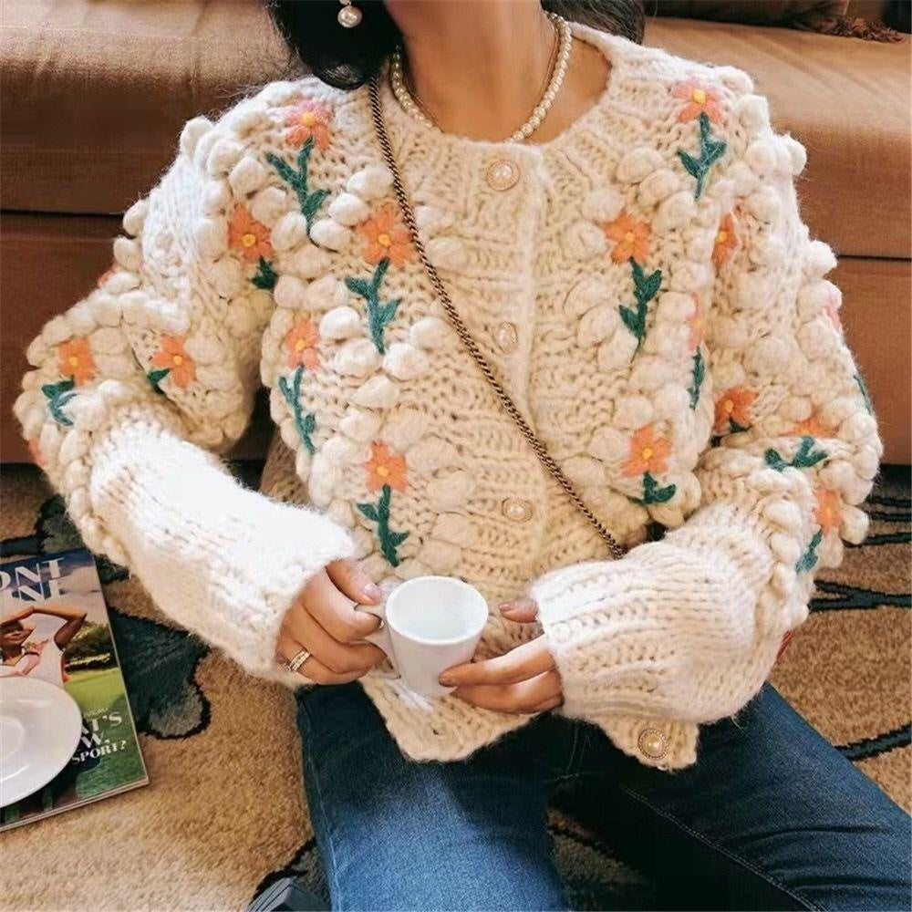 Stitch Floral Embroidered Diamond Pom Pom Hand Cable Knit Cardigan Sweater