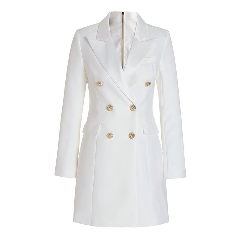 Tailored Satin Collar Blazer Dress Double Breasted Work Jacket Dress