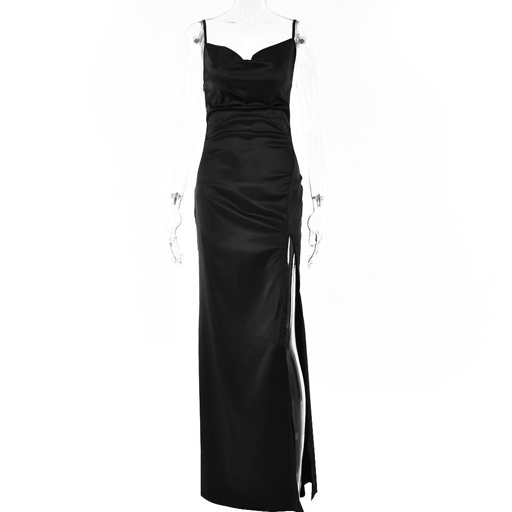 Popular Satin Ruched Cowl Neck Thigh High Slit Formal Dress