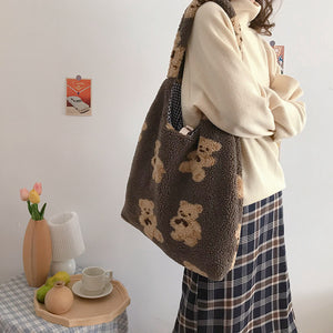Cute Fluffy Teddy Bear Sherpa Tote Bag Faux Fur Handbags