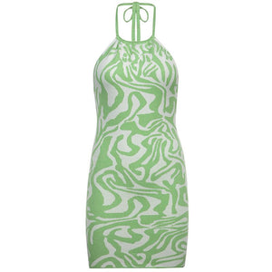 Water Marble Swirl Knit Halter High Neck Short Dress Open Back