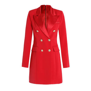 Tailored Satin Collar Blazer Dress Double Breasted Work Jacket Dress