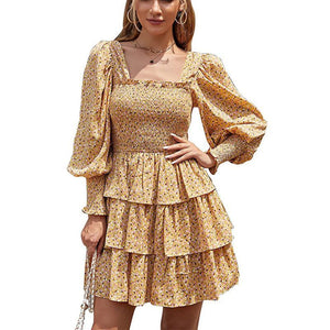 Square Neck Shirring Tiered Frill Layered Mini Dress Puff Sleeves