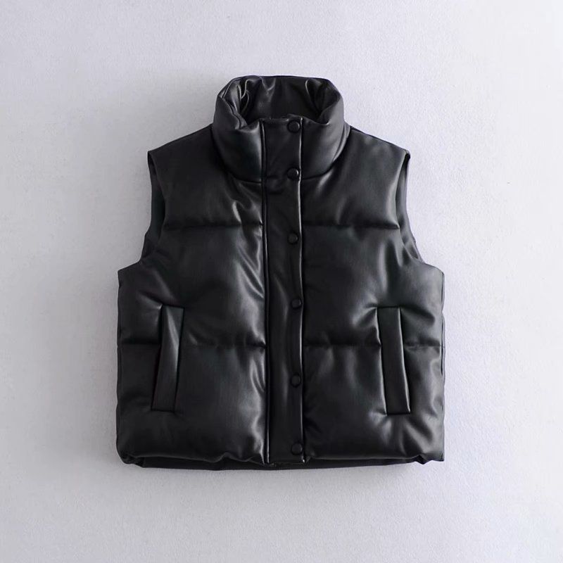 Waterproof Patent Faux Leather Quilted Vest Gilet High Collar Bodywarmer