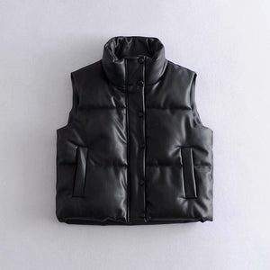 Waterproof Patent Faux Leather Quilted Vest Gilet High Collar Bodywarmer