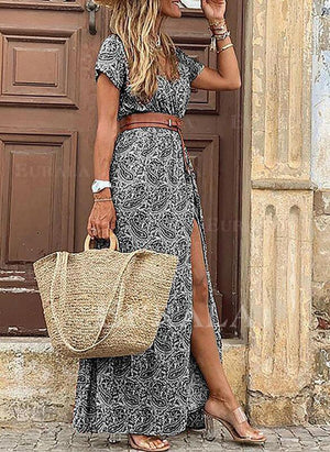 Retro Floral Thigh Slit Maxi Wrap Over Paisley Print Vacation Dress