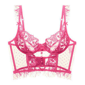 French Sweet Pearls Ruffle Edge See Through Embroidery Lace Corset Camisole Top