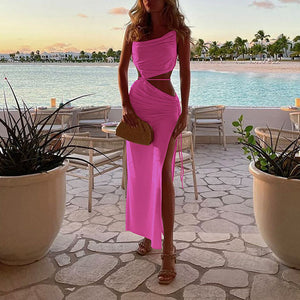 Sexy Cinched Shirring Side Hip Cut Out Maxi Bodycon Dress With Slit
