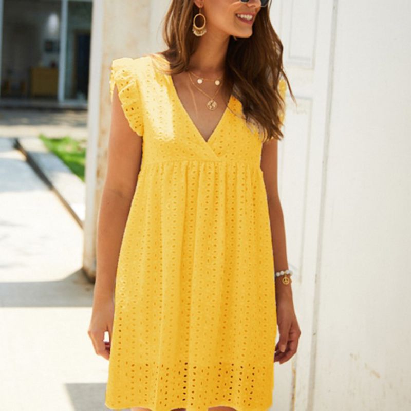 Casual Cotton Ruffle Strap Smocked Eyelet Mini Dress