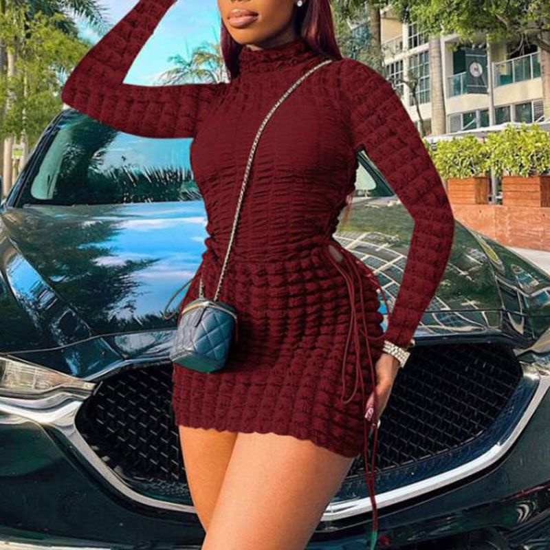 Elastic Fit Side Criss Cross Ruched Long Sleeve Turtleneck Jumper Bodycon Dress