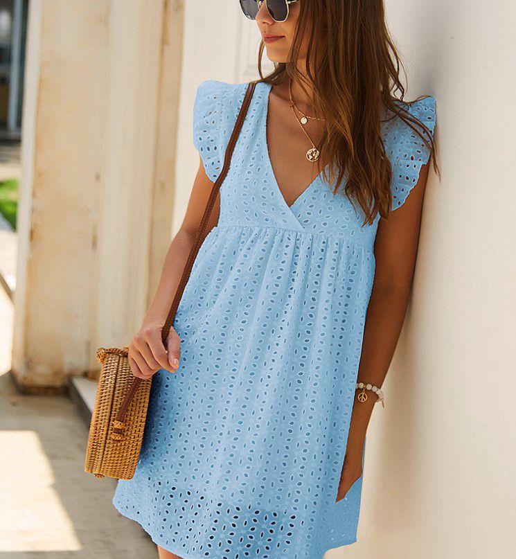 Casual Cotton Ruffle Strap Smocked Eyelet Mini Dress