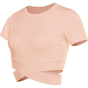 MISSACTIVER Women Workout Short Sleeve Solid Basic Crop T-Shirts Athletic  Crewneck Slim Fit Stretchy Cropped Tee Shirt Top Apricot at  Women's  Clothing store